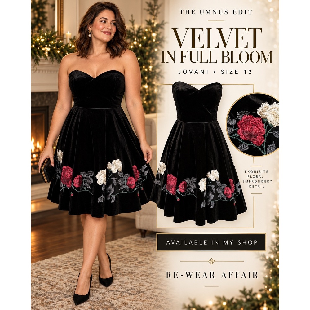 Jovani JVN6441A Black Velvet Floral Embroidered Strapless Cocktail Dress 12